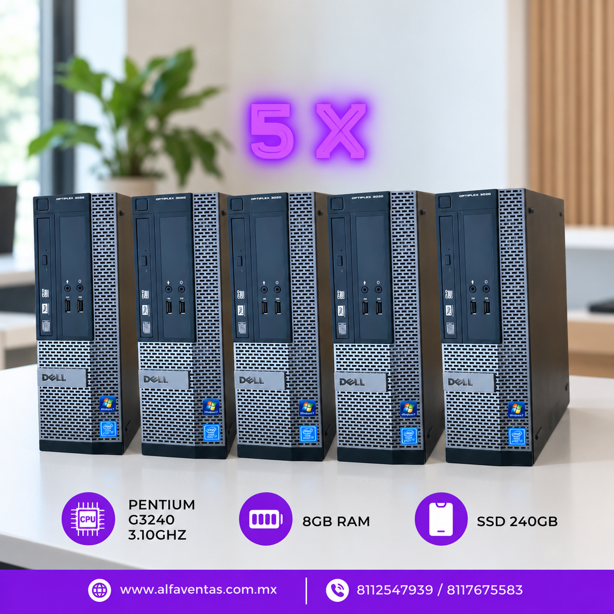 LOTE DE 5 CPU’S DELL OPTIPLEX 3020 PENTIUM, SSD 240GB, 8GB DDR3, WINDOWS 10