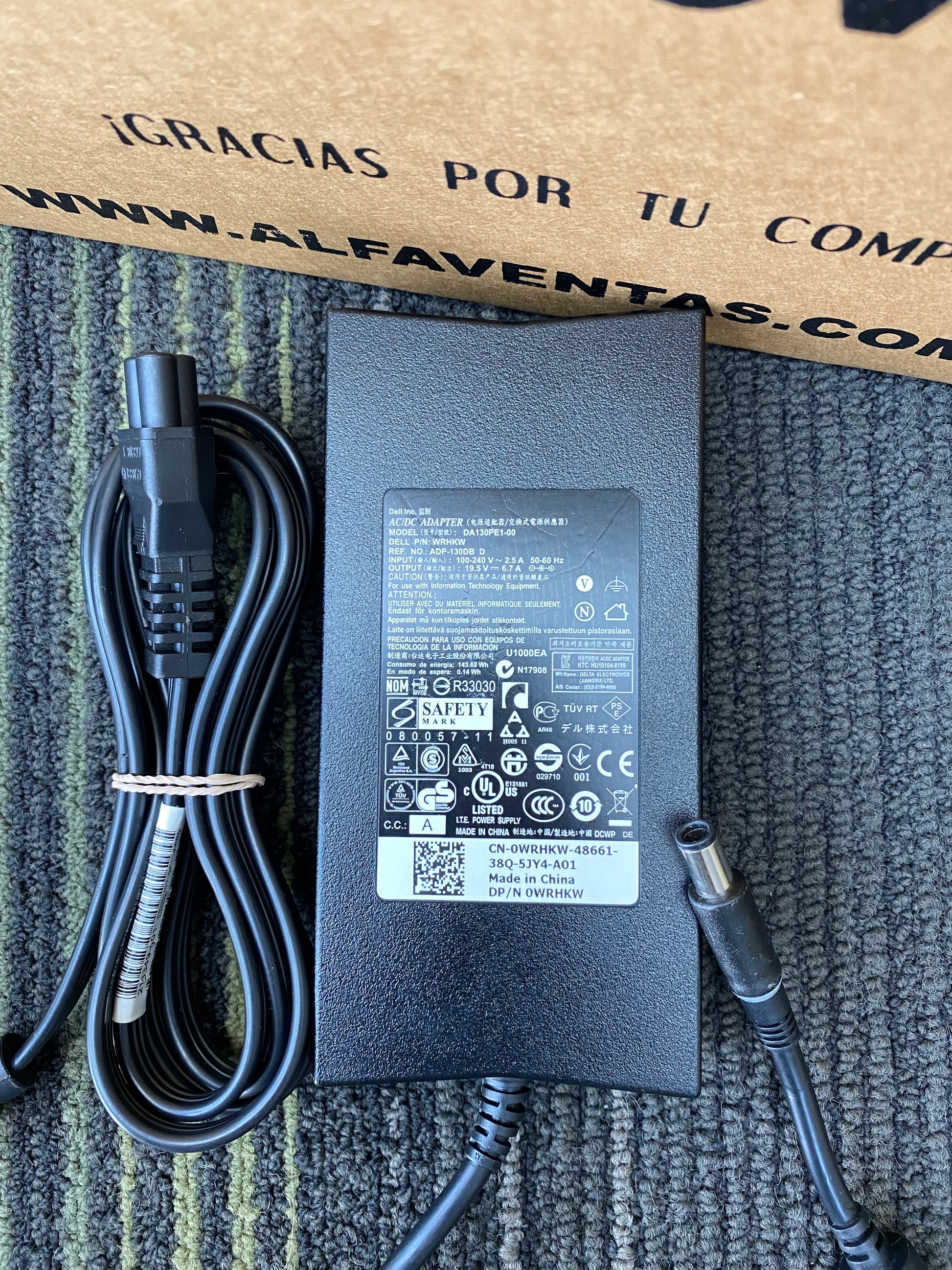 Cargador Dell 130W Original – 19.5V 6.7A | Pin Central | Adaptador de Corriente